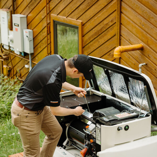 A Spectrum technician performing a repair on a Generac generator.